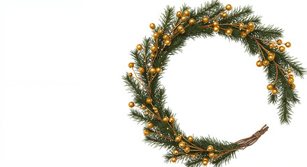 An isolated Christmas tree branch in the form of a wreath, decorated with golden beads, on a white background.