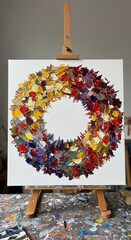 A bright wreath created from colored strokes, which pleases the eye with its rich palette. A vision of a Christmas wreath from an artist.