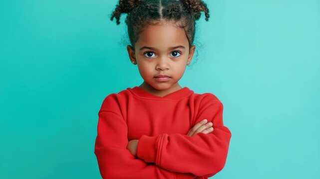 A young girl wearing a bright red shirt stands with her arms crossed, looking confident and determined