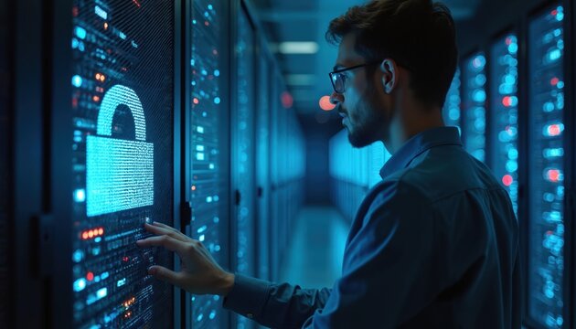 Young man touches server screen with digital lock icon. Ensures cyber security system operation in modern data center room. Tech engineer works with data protection, online safety, information