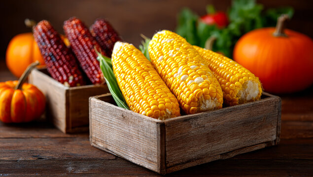 Vibrant corn and pumpkin display. Vibrant corn on the cob is displayed with pumpkins and fresh produce in wooden boxes on a rustic background.