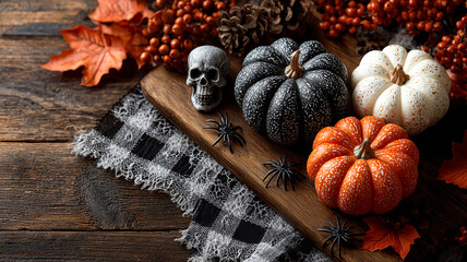 Fall pumpkins and decor. Decorative pumpkins and a skull sit on a wooden board with autumn leaves, celebrating the festive spirit of fall.