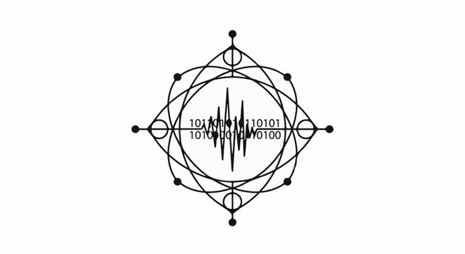 Abstract geometric pattern with digital binary code and sound wave symbol