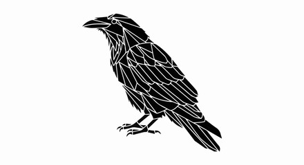 Fototapeta premium Stylized black raven silhouette with geometric feather patterns on a white background