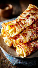 Cheese-filled crepes on a plate. Golden crepes rolled neatly and filled with creamy cheese sit on a rustic plate, perfect for breakfast or a snack.
