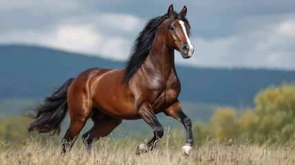 Obraz premium Brown horse galloping freely across an open field under a bright sky in the countryside