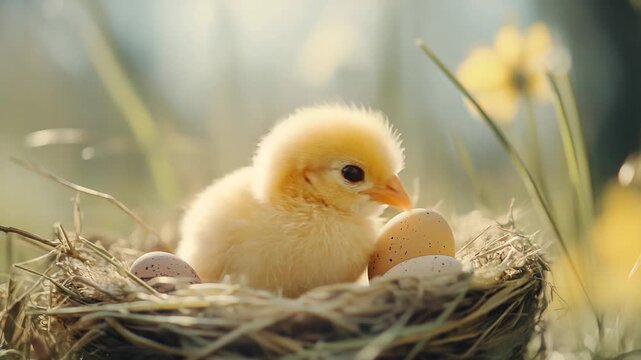 A small yellow bird is sitting on top of its nest, ready to incubate eggs