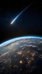 Obraz premium Beautiful View Of Earth From Space With Glowing City Lights And Meteor Comet Falling Through Starry Night Sky