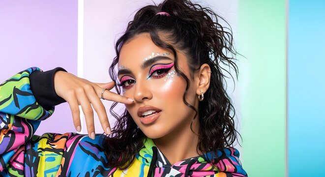 Vibrant young woman with bold makeup and glitter sparkles embodies modern festival fashion and creative self-expression in a dynamic studio setting