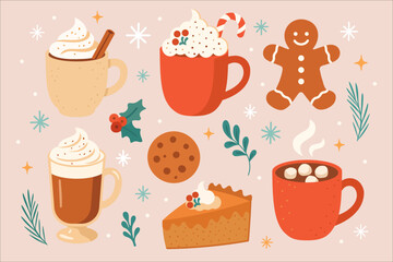 Winter Hot Drinks and Desserts Set — Cozy Christmas Vector Illustration. Cups of cocoa, coffee, and whipped cream drinks, with gingerbread cookies, pie, and festive sweets. Surrounded by snowflakes