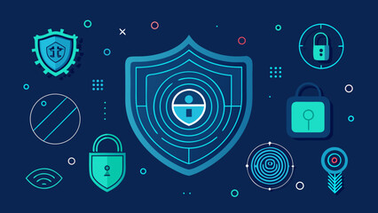 A security shield with a padlock and various security icons on a dark blue background, representing cybersecurity and data protection