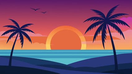 Tropical beach sunset scene with palm trees, ocean, and vibrant colors, evoking a sense of relaxation, vacation, and natural beauty of the tropics