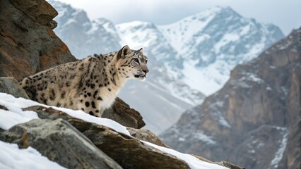 Obraz premium capture-a-snow-leopard-blending-into-rocky-mountai