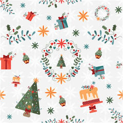 Seamless Christmas Pattern with Gifts, Trees, Cakes and Wreaths