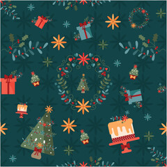 Seamless Christmas Pattern with Gifts, Trees, Cakes and Wreaths