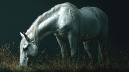Majestic white horse grazing quietly in a dimly lit meadow during early evening hours