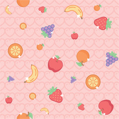 Cute Fruit Seamless Pattern with Strawberries, Bananas, Apples, Oranges and Grapes on Pink Background