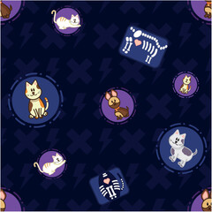Cute Veterinary Pattern with Cats, Bunnies, and X-Ray Illustrations