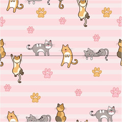 Playful Cats Hanging on Wires Seamless Pattern with Paw Prints