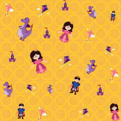 Whimsical Fairy Tale Pattern with Princess, Prince, Dragon, and Castles