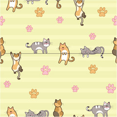 Playful Cats Hanging on Wires Seamless Pattern with Paw Prints 