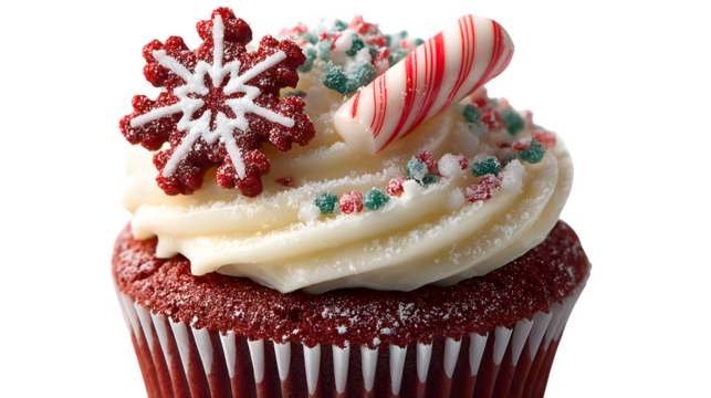 Cute mini cupcake decorated with red velvet icing, candy cane piece, and snowflake topper, isolated on white background