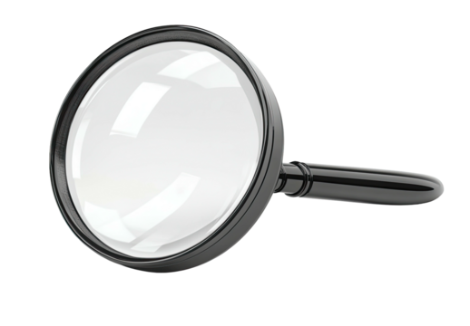 Magnifying glass with black handle, close-up, over a dark background