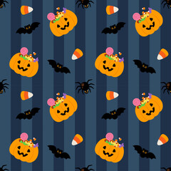 Cute and spooky Halloween pattern of pumpkin basket, candy corn, bats and spider on dark background. Seamless pattern for Halloween decoration, greeting card, wallpaper, print, wrapping paper.