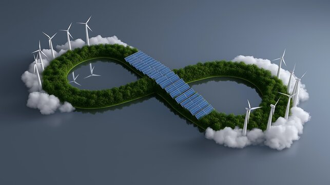 Infinity loop landscape integrates lush green forests and solar energy arrays surrounded by wind turbines and floating clouds in a concept of circular sustainability.