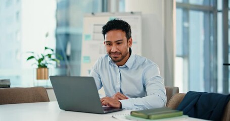 Man, accountant and typing with laptop in office for finance review, contact or virtual consultation service. Business person, audit or email with tech, report and reading for problem solving - Powered by Adobe