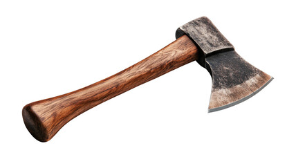 Weathered hatchet with wooden handle against a black background