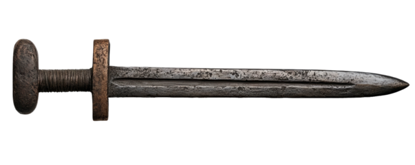 Worn, dark metal sword with rounded pommel and crossguard on black backdrop