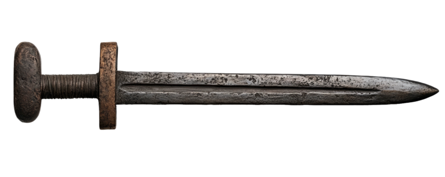 Worn, dark metal sword with rounded pommel and crossguard on black backdrop