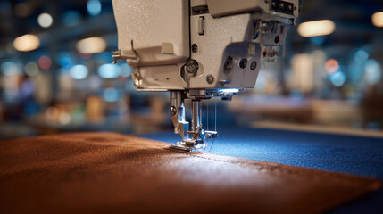 Close-up of high-end leather upholstery being sewn by machine, texture and stitching in sharp focus