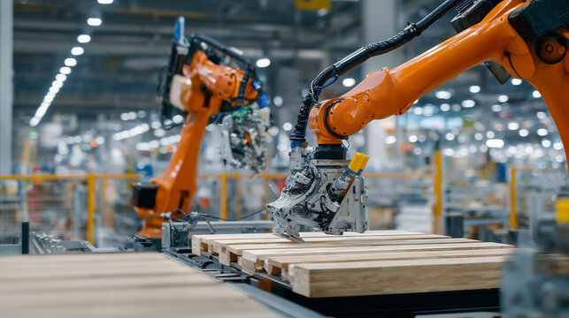 Furniture assembly line close-up with robotic arms applying varnish to wooden surfaces