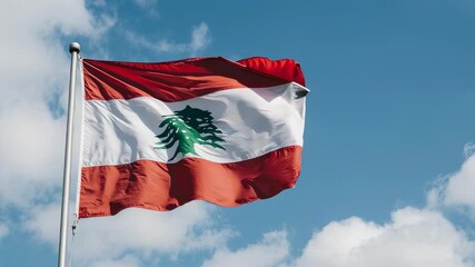 The Lebanese flag waving in the wind against a bright blue sky with scattered white clouds.