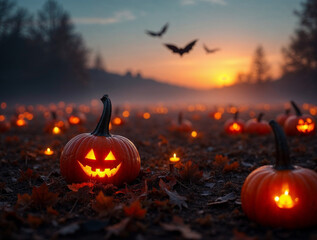Glowing Pumpkin Field Halloween Wallpaper