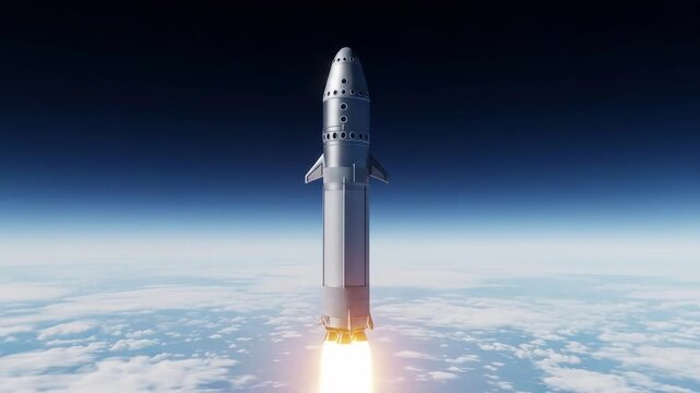 A silver rocket ascends through Earth s atmosphere propelled by bright flames Above lies a clear blue sky and the darkness of space awaits its