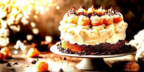 Delicious cream cake decorated with chocolate and pastries displayed on a wooden table in a cozy setting - High Contrast