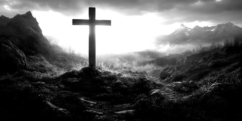 Sunset over mountains with a wooden cross surrounded by mist and rocky terrain in a serene landscape