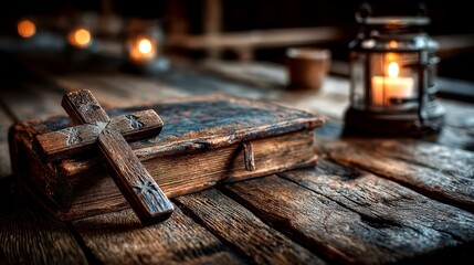 Old wooden book with a cross and lantern on a rustic table in a dimly lit space