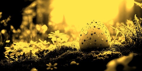 speckled egg rests in a spring meadow under sunlight