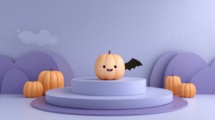 Podium and minimal abstract background for Halloween, 3d rendering, smiling pumpkin character with bat on geometric shape, stage for product