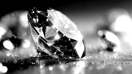 Sparkling diamond lies among fragments in a soft glowing light, showcasing its brilliance in fine detail