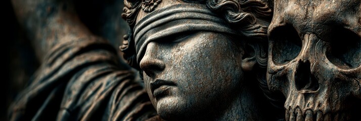 Detail of a somber statue depicting a blindfolded figure with a skull nearby, highlighting themes of justice and mortality