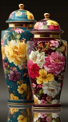 Colorful floral urns in elegant design displayed against a dark backdrop showcasing craftsmanship at an art exhibit