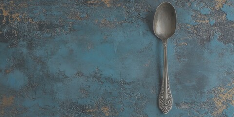 Vintage silver spoon resting on a textured blue surface showcasing intricate detailing and an aged appearance - Low Contrast