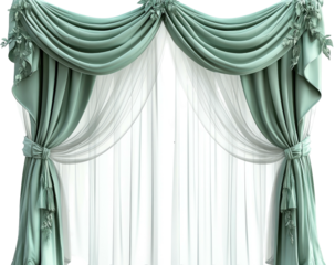 Elegant, draped teal valance with sheer white curtains & floral accents