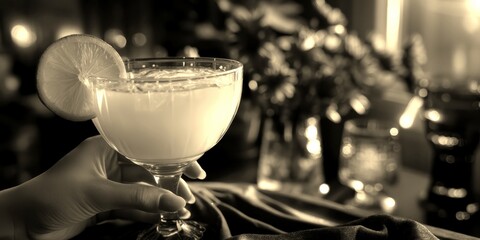 Refreshing cocktail served in a stylish glass, surrounded by flowers and soft lighting in an elegant setting