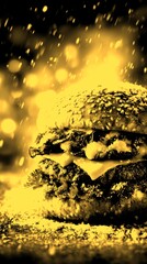 Mouthwatering hamburger topped with bacon and cheese, surrounded by falling snowflakes in a festive atmosphere